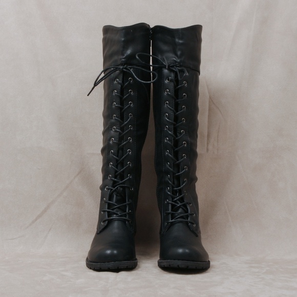 FINAL SALE Black Lace up knee high boots Lug-30Hi - Picture 2 of 4